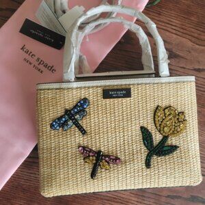 Kate Spade Sam Icon Small Dragonfly Embellished Straw Small Tote Crossbody Purse